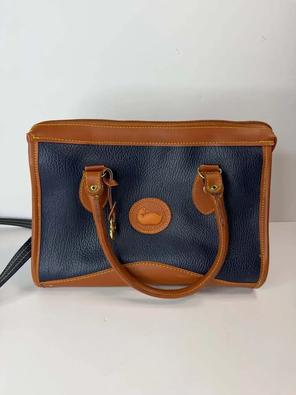 Dooney & Bourke All Weather Leather Satchel Navy Blue Brown Vintage Bag